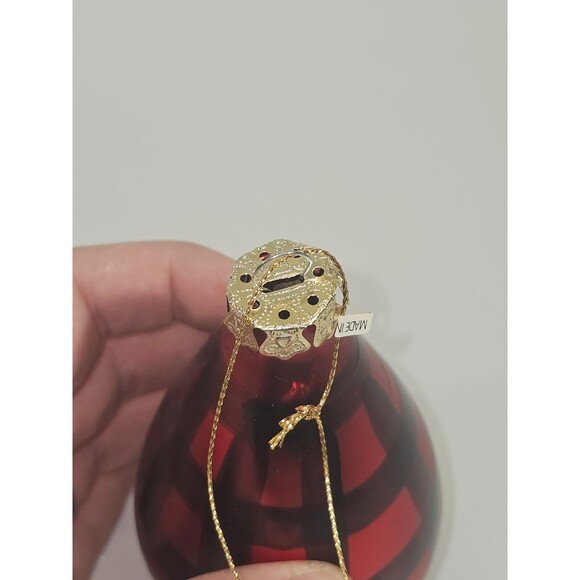KSD VINTAGE Blown Glass Christmas Ornament Black Red Tear Drop Plaid Checked 5" - Picture 5 of 5